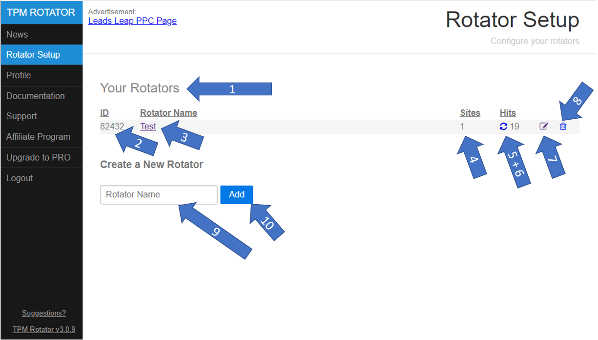 Rotator setup page image